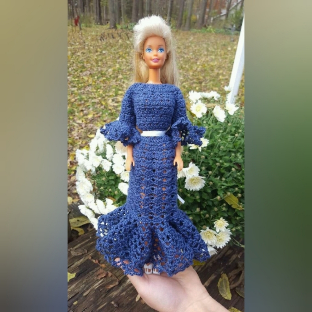 Hand Crocheted Blue Barbie Doll Dress